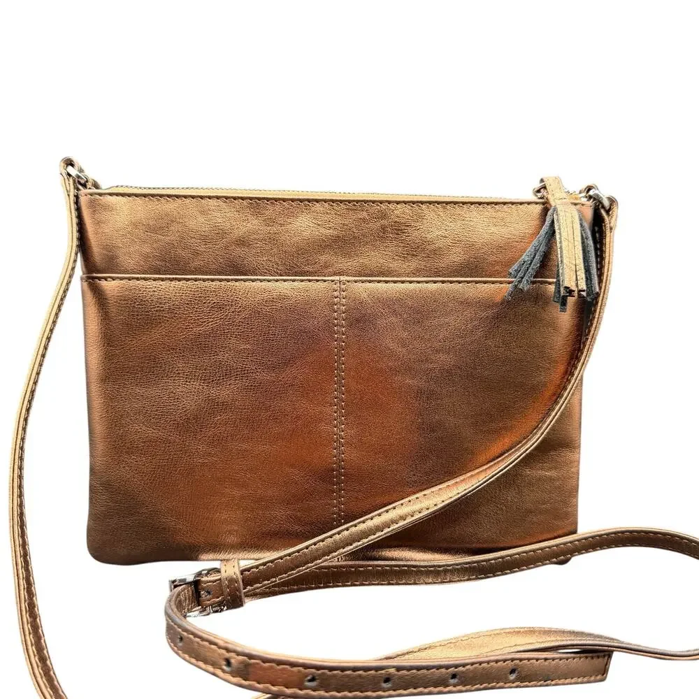 ILI New York Bronze Metallic Leather Crossbody Bag Tassel Organizer